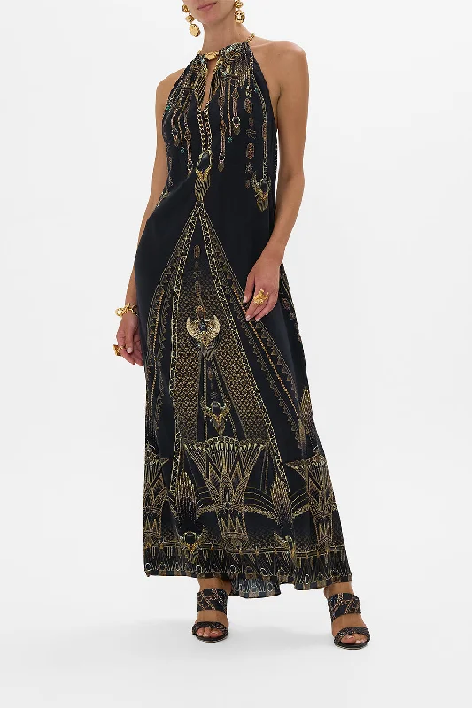 LOW BACK LONG DRESS WITH NECK HARDWARE CALL ME CLEOPATRA