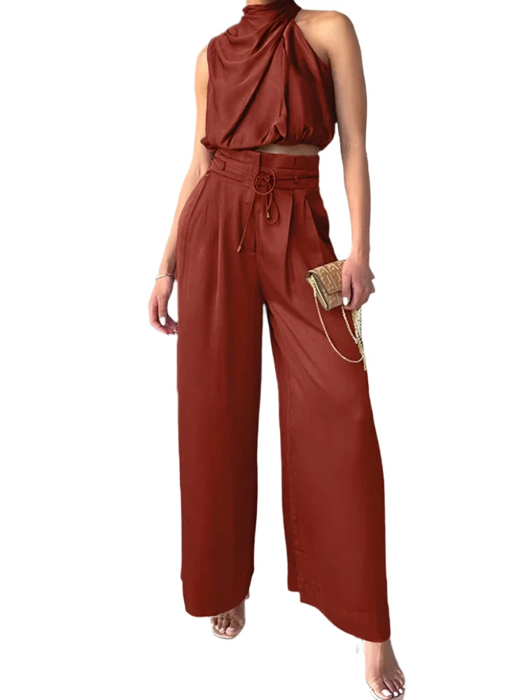 Drauuing High Fashion Two Piece Silk Pleated Texture Sleeveless Top & Wide Leg Pants Set