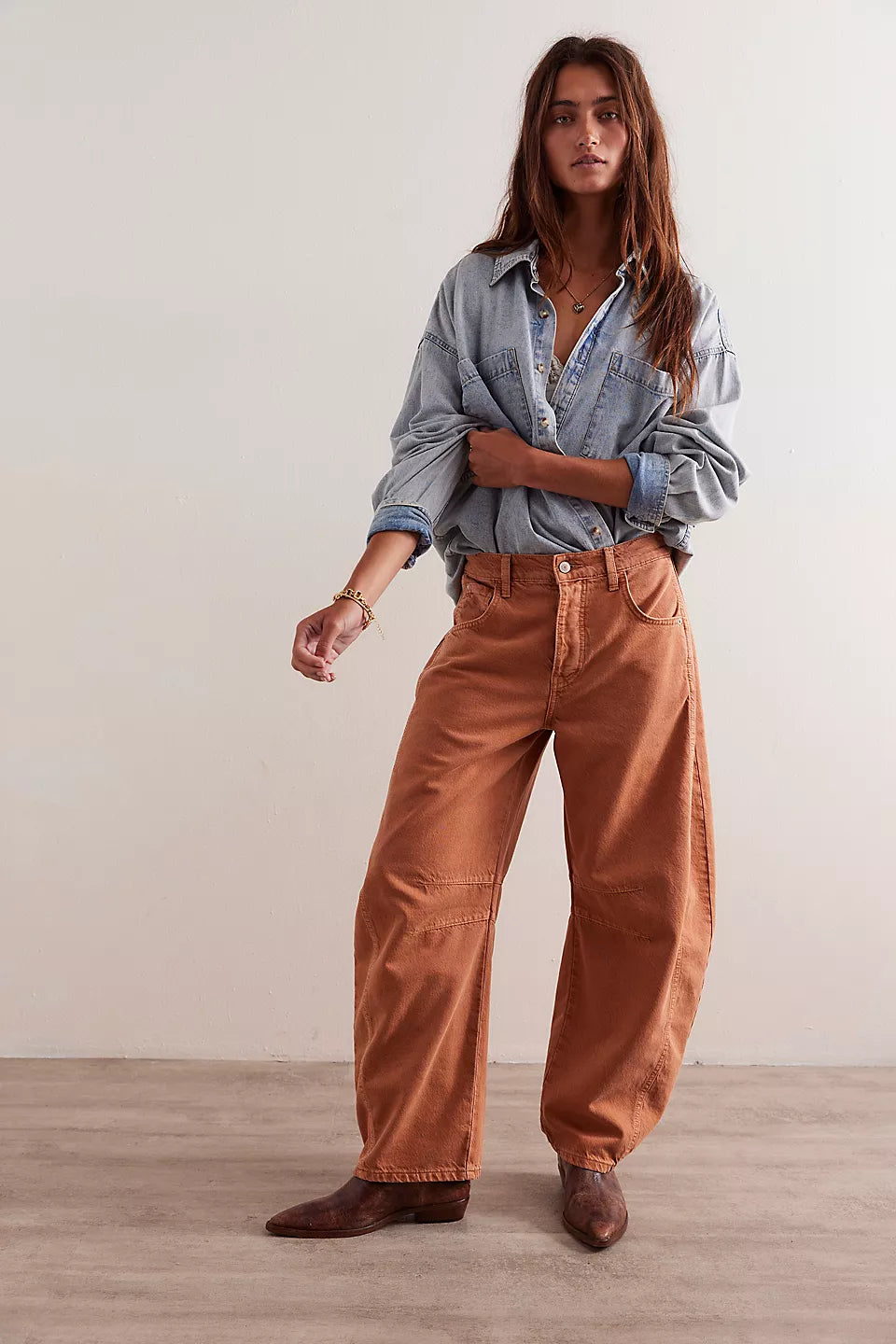 Free People We The Free Good Luck Mid-Rise Barrel Jeans - GINGER ROOT