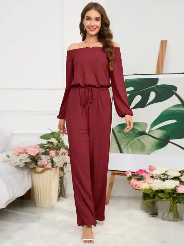 One-shoulder long-sleeved slim-waisted wide-leg jumpsuit