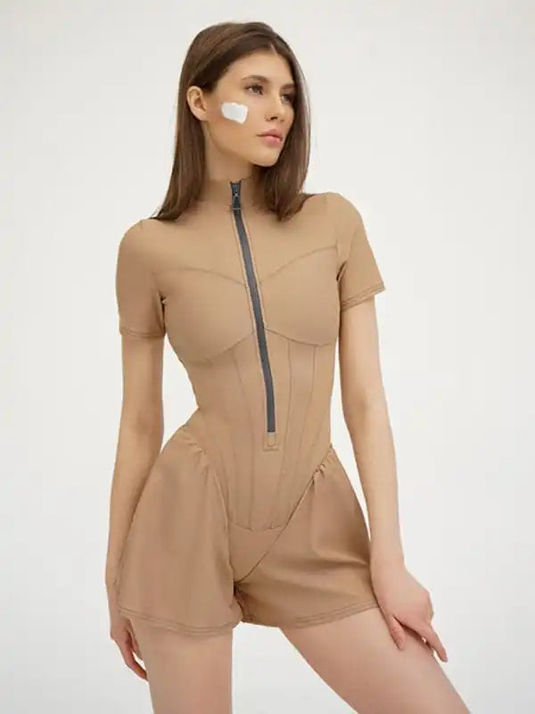 Sexy tight skirt short sleeve zipper bottoming jumpsuit