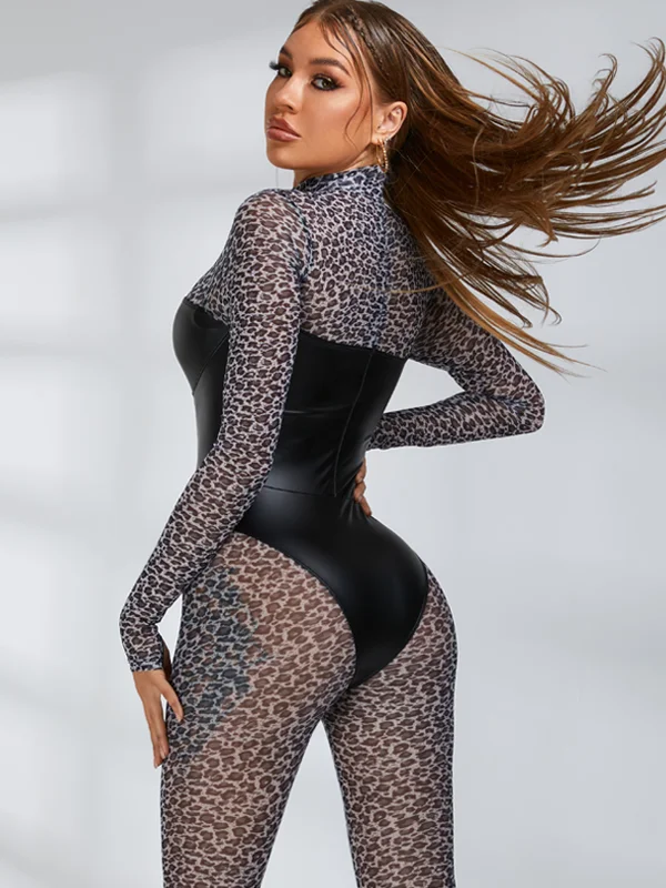 🖤ZASUWA Female Leopard Print Sexy Mesh Jumpsuit