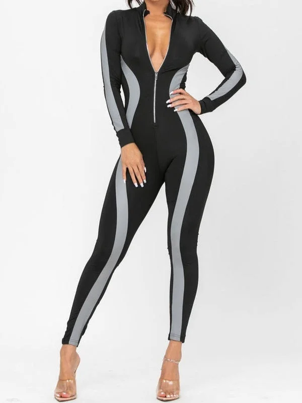 ZASUWA Female Contrast Color Stripe Zipper Jumpsuit