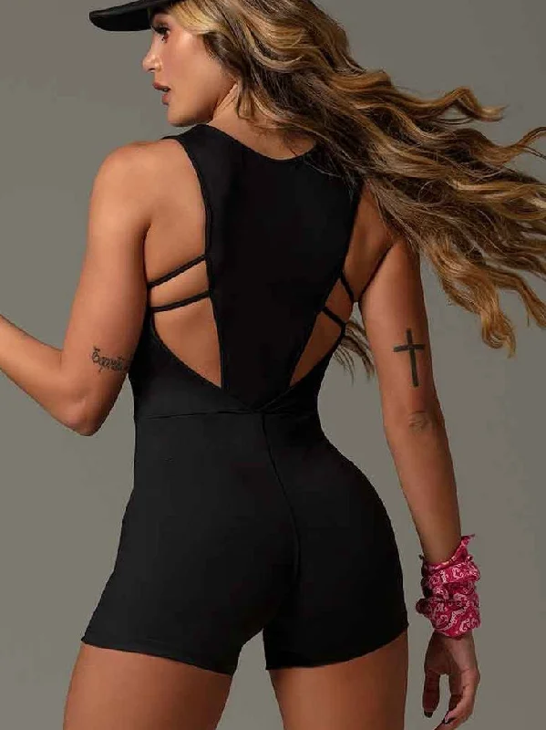 ZASUWA Female Mesh Zipper Cross Back Short Jumpsuit