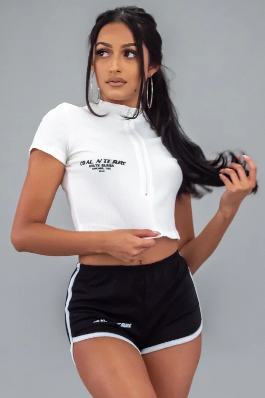 WHITE N BLK BURBS ZIPPER CROP TOP