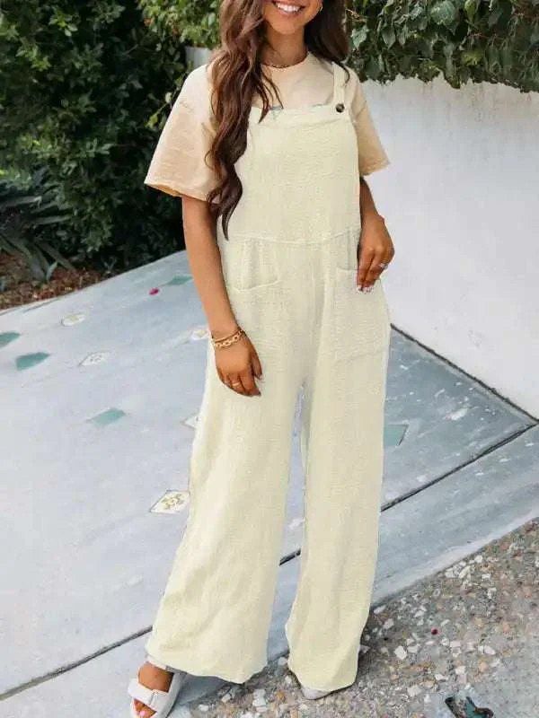 Casual solid color pocket folded square collar loose suspenders jumpsuit