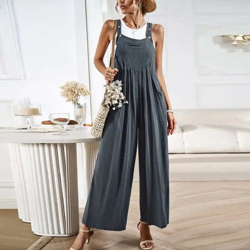 Women’s solid color casual all-match loose wide-leg jumpsuit