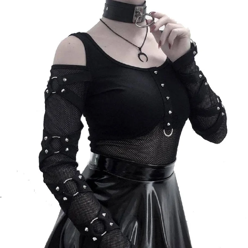 Women's Cold-Shoulder Strappy Steampunk Mesh Top