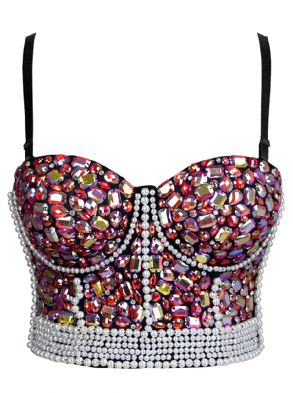 Women's Colorful Rhinestone Beaded Push Up Clubwear Bustier Crop Top Bra