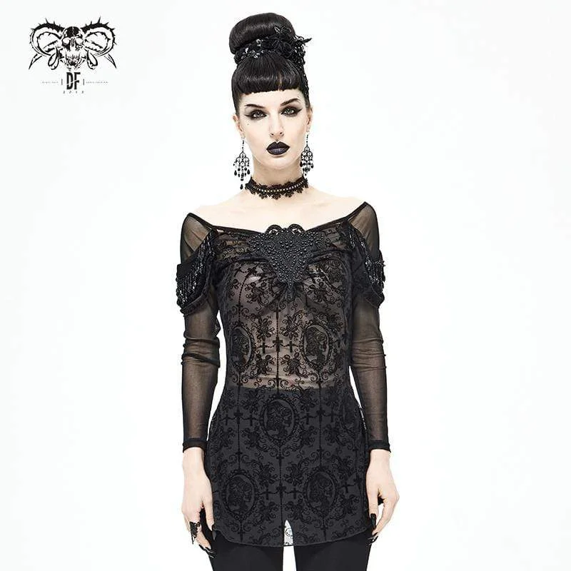 Women's Gothic Floral Embroidered Sheer Black Mesh Top