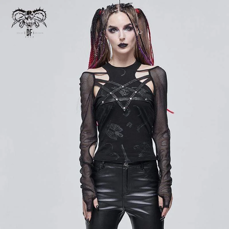 Women's Gothic Pentagram Cutout Mesh Splice Top