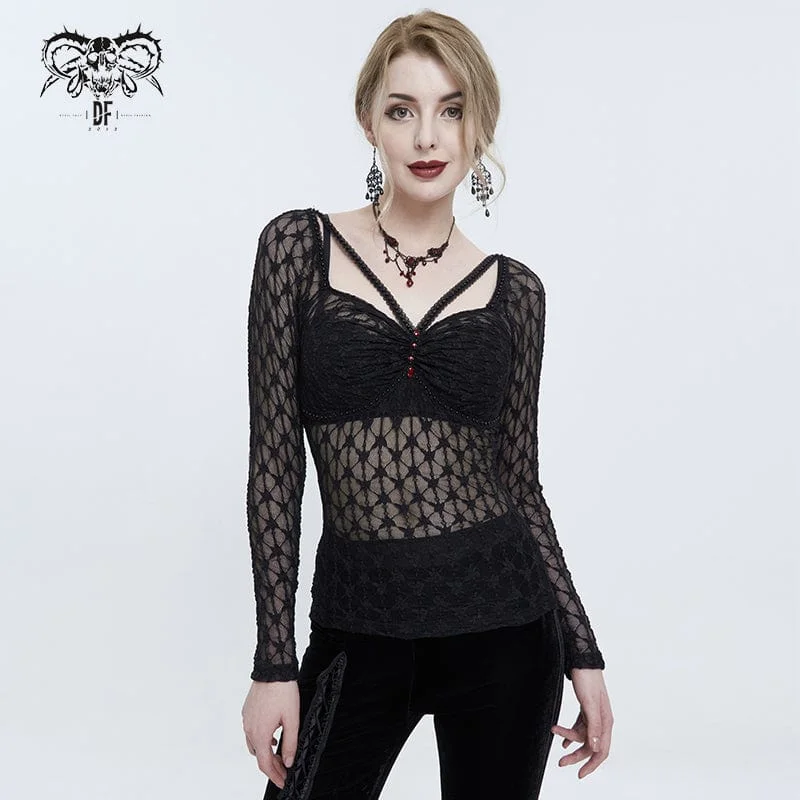 Women's Punk Beaded Sheer Mesh Shirt