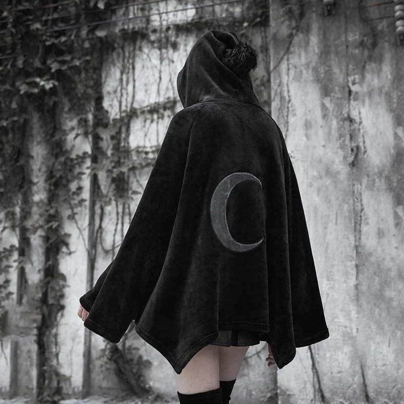 Women's Punk Fur Hooded Moon Irregular Cape Coat Punk Moon Cape