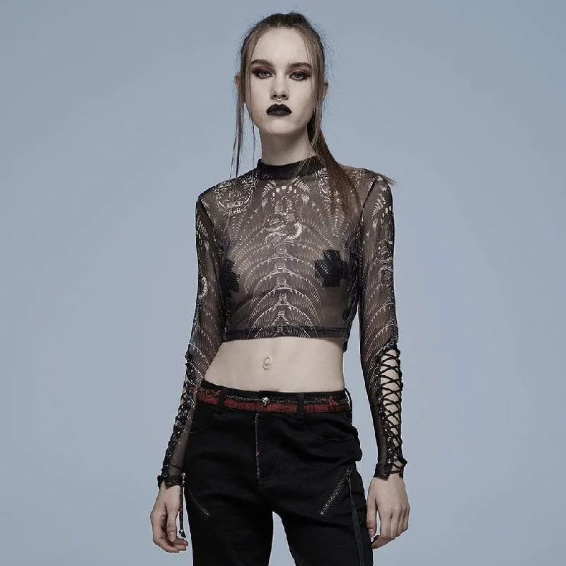 Women's Punk Strappy Skull Printed Sheer Mesh Top