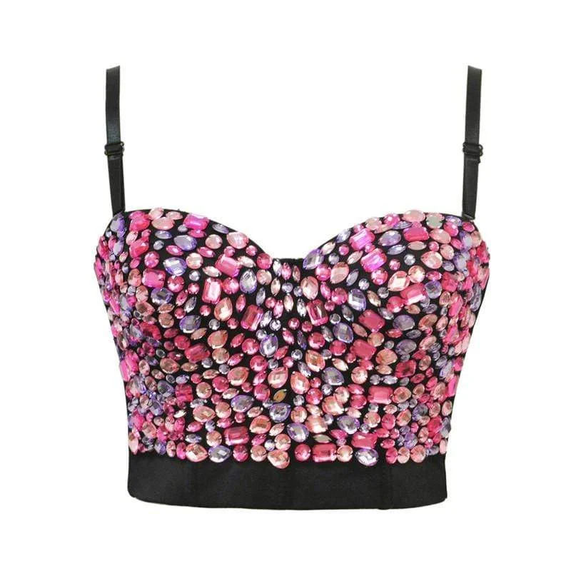 Women's Solid Color Rhinestone Beaded Push Up Bra Studded Gem Clubwear Party Bustier Crop Top